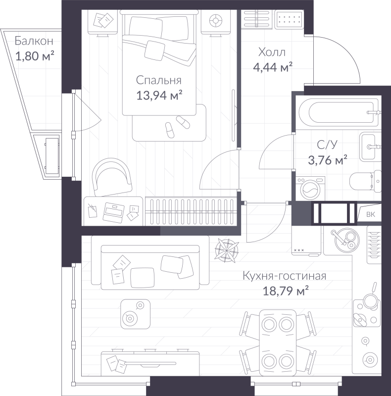 2-комнатная (Евро) квартира, 41.47 м² в ЖК "VEREN NORT сертолово" - планировка, фото №1