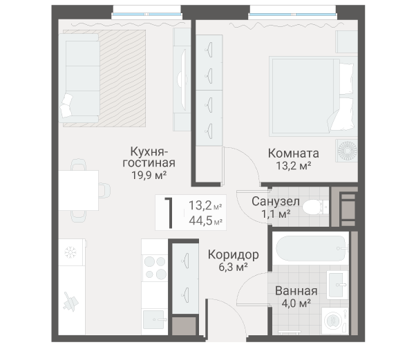 2-комнатная (Евро) квартира, 44.5 м² в ЖК "Руднева 15" - планировка, фото №1