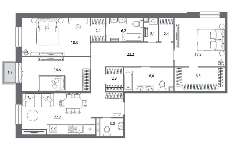 4-комнатная (Евро) квартира, 132.5 м² в ЖК "Северная корона" - планировка, фото №1