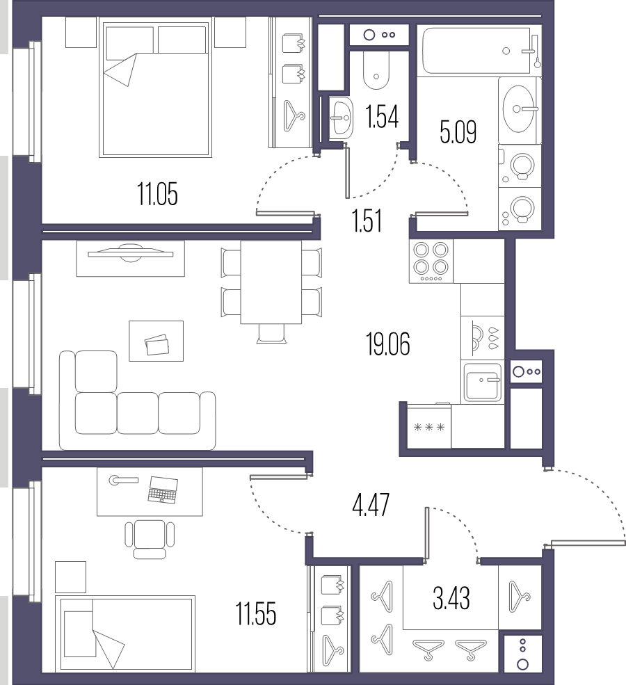 3-комнатная (Евро) квартира, 59.11 м² - планировка, фото №1