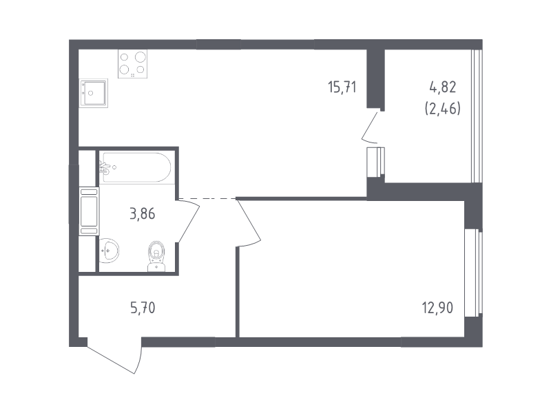 2-комнатная (Евро) квартира, 40.63 м² - планировка, фото №1