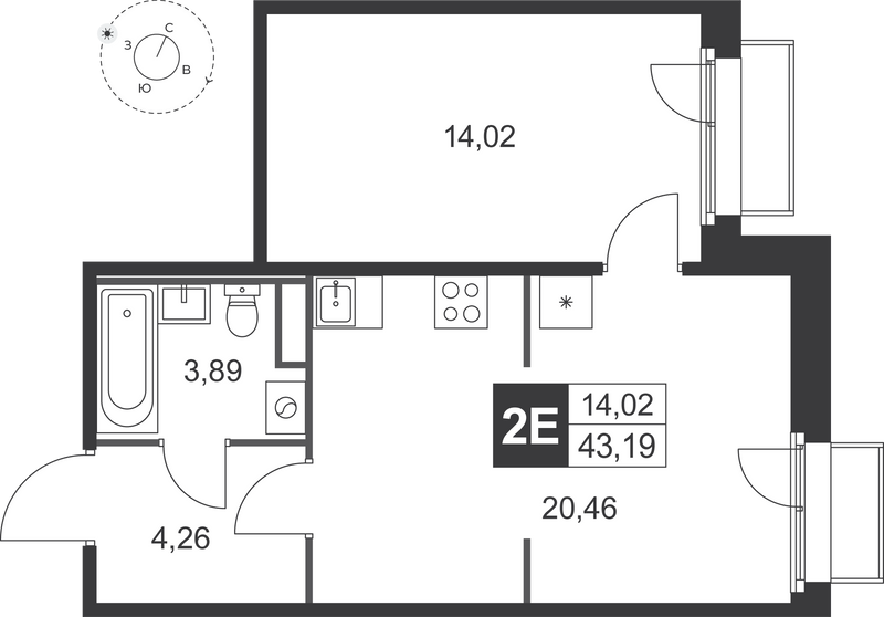 2-комнатная (Евро) квартира, 43.19 м² в ЖК "Слобода" - планировка, фото №1