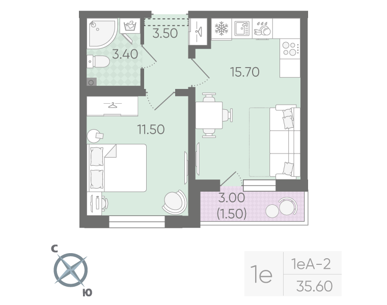 2-комнатная (Евро) квартира, 35.6 м² в ЖК "Ручьи" - планировка, фото №1