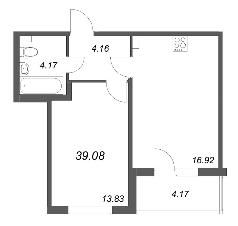 2-комнатная (Евро) квартира, 39.08 м² в ЖК "Любоград" - планировка, фото №1