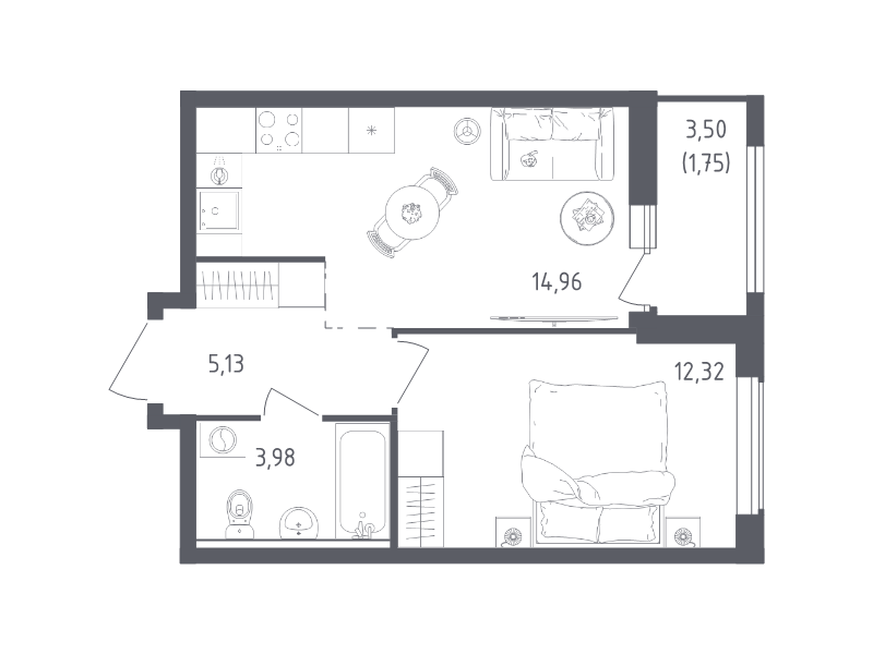 1-комнатная квартира, 38.14 м² в ЖК "Южная Нева" - планировка, фото №1