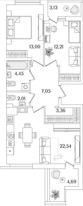 3-комнатная (Евро) квартира, 68.53 м² - планировка, фото №1