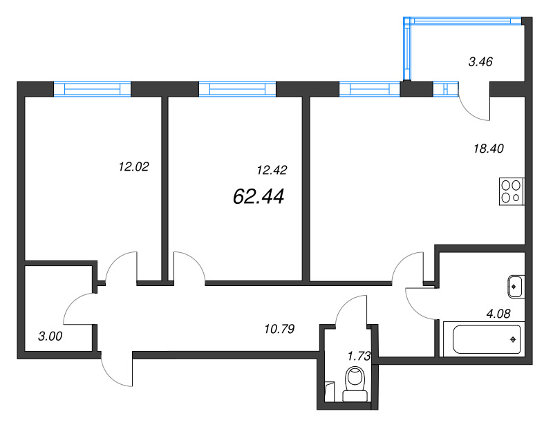 3-комнатная (Евро) квартира, 62.44 м² в ЖК "Любоград" - планировка, фото №1
