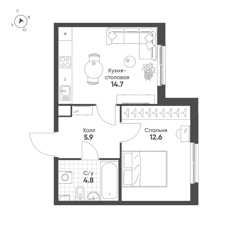1-комнатная квартира, 38 м² в ЖК "Клюква.Парк" - планировка, фото №1