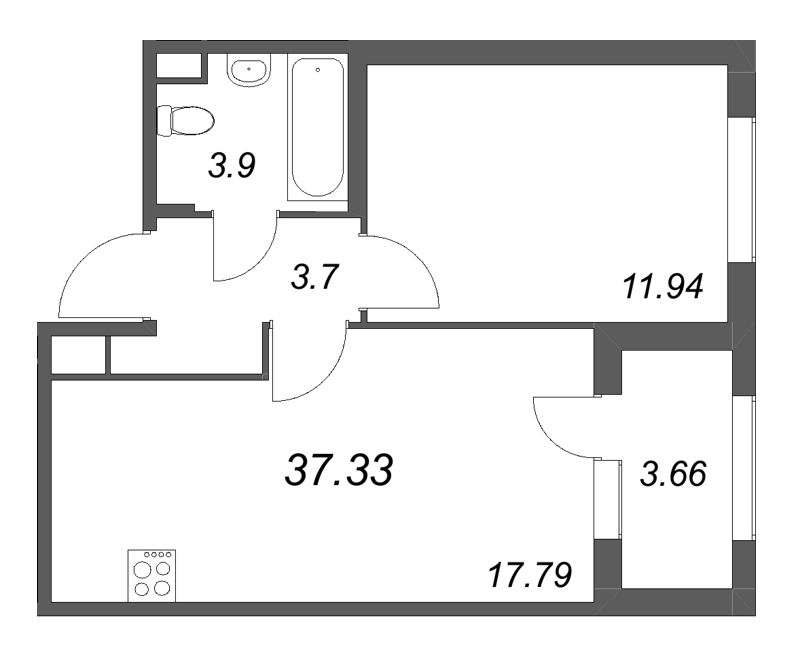 2-комнатная (Евро) квартира, 37.33 м² в ЖК "Дубровский" - планировка, фото №1