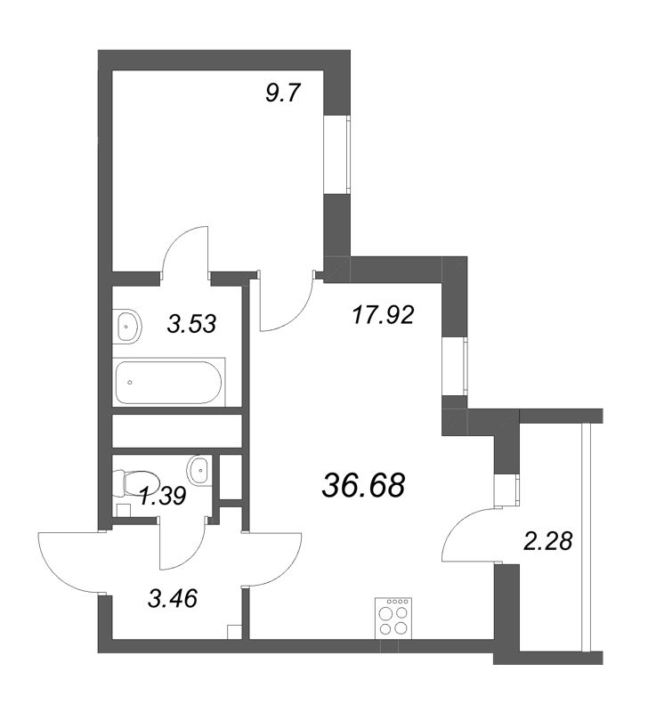2-комнатная (Евро) квартира, 36.68 м² в ЖК "Южный форт" - планировка, фото №1