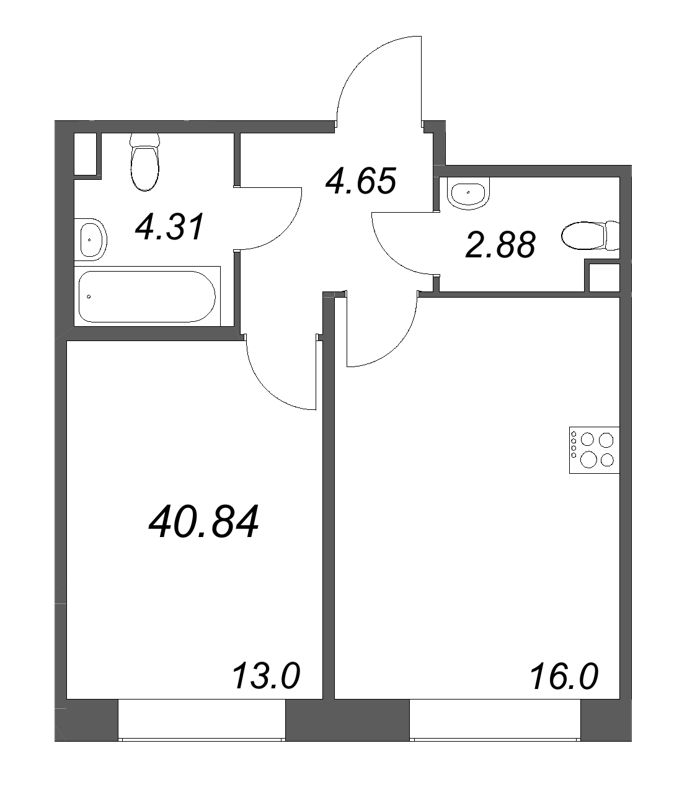 2-комнатная (Евро) квартира, 40.84 м² в ЖК "Дом на Курской" - планировка, фото №1
