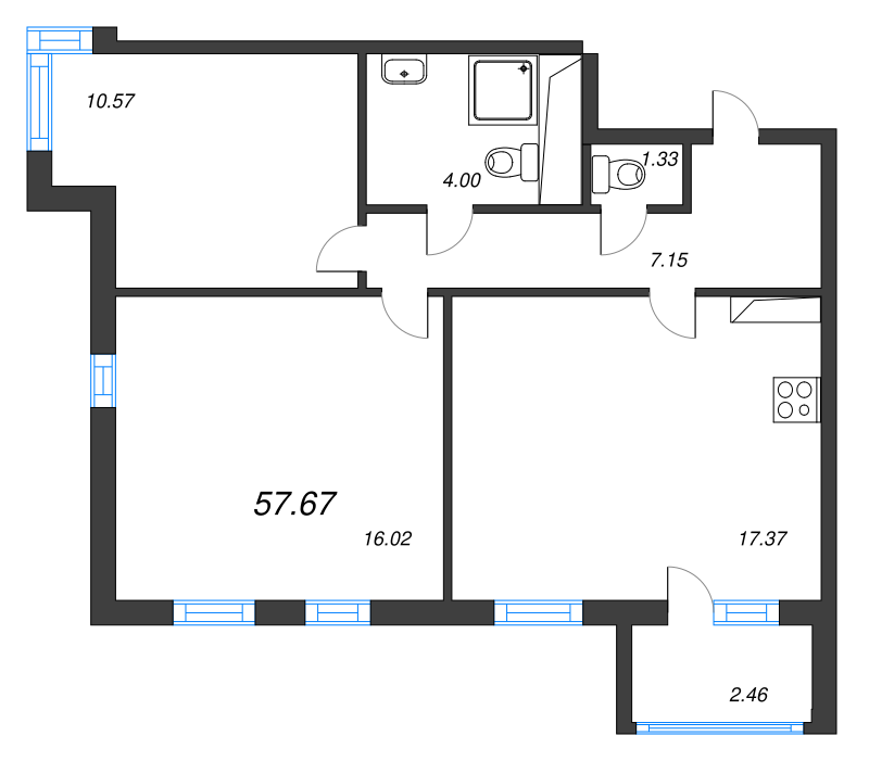 3-комнатная (Евро) квартира, 57.67 м² в ЖК "AEROCITY" - планировка, фото №1