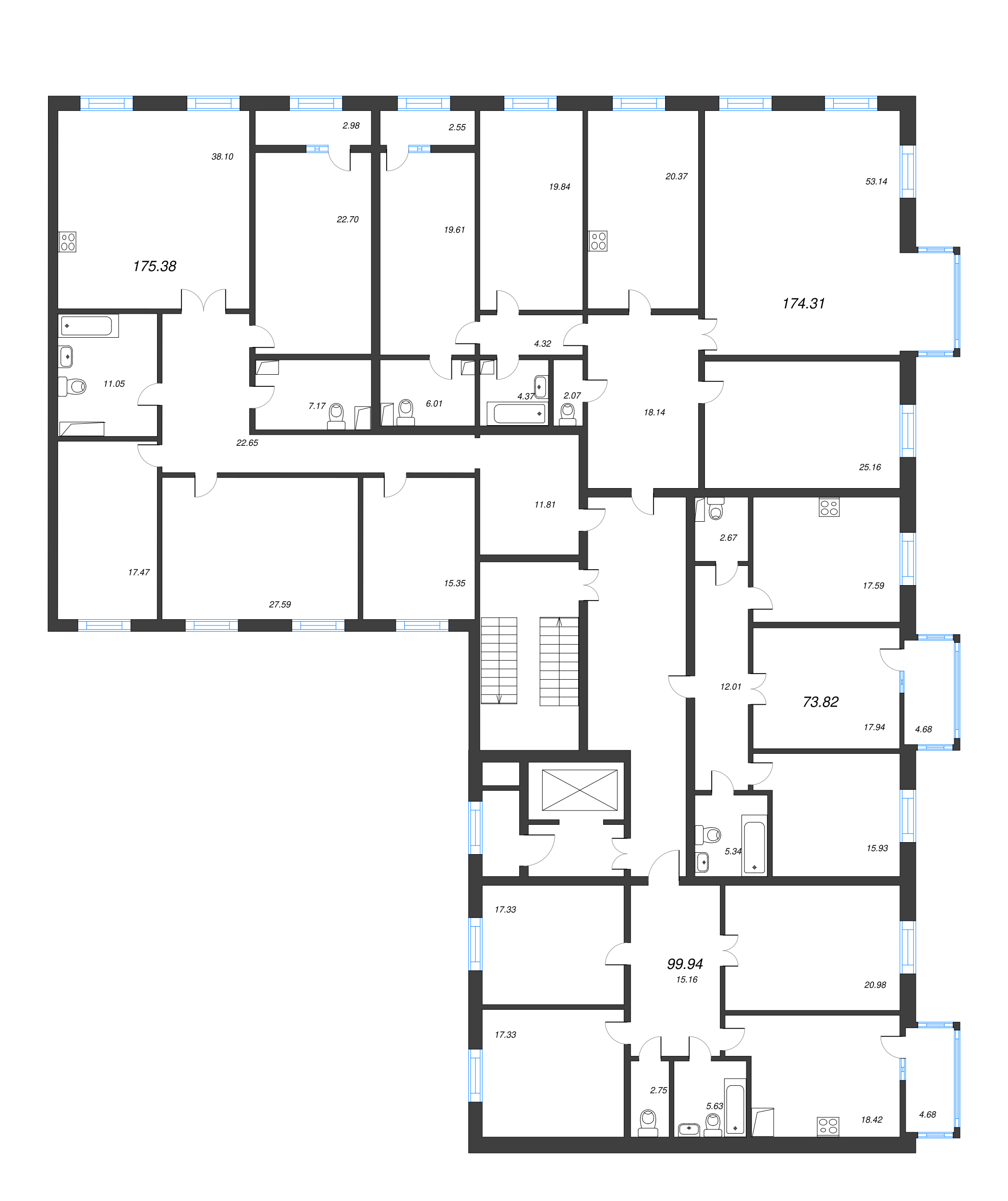 5-комнатная (Евро) квартира, 175.5 м² - планировка этажа