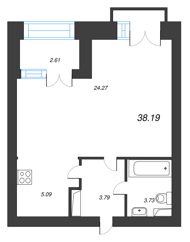 1-комнатная квартира, 40.6 м² - планировка, фото №1