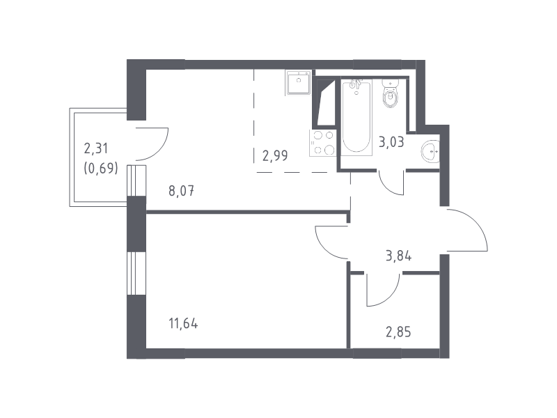 1-комнатная квартира, 33.11 м² в ЖК "Квартал Лаголово" - планировка, фото №1