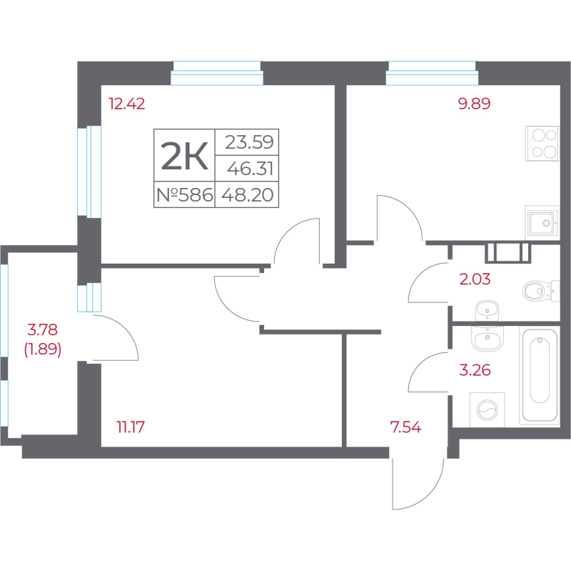 2-комнатная квартира, 48.2 м² в ЖК "Город-спутник Южный" - планировка, фото №1
