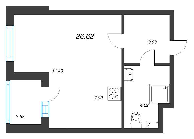 Квартира-студия, 26.62 м² - планировка, фото №1