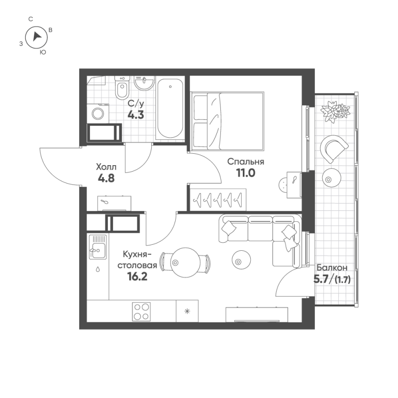 2-комнатная (Евро) квартира, 38 м² в ЖК "Клюква.Парк" - планировка, фото №1
