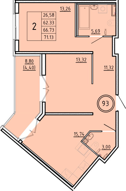 3-комнатная (Евро) квартира, 62.33 м² - планировка, фото №1