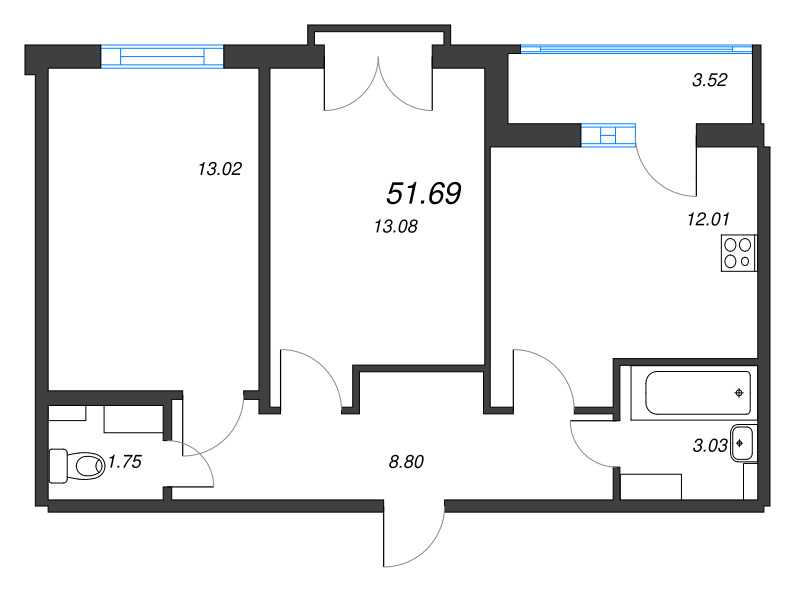 2-комнатная квартира, 51.69 м² в ЖК "Любоград" - планировка, фото №1