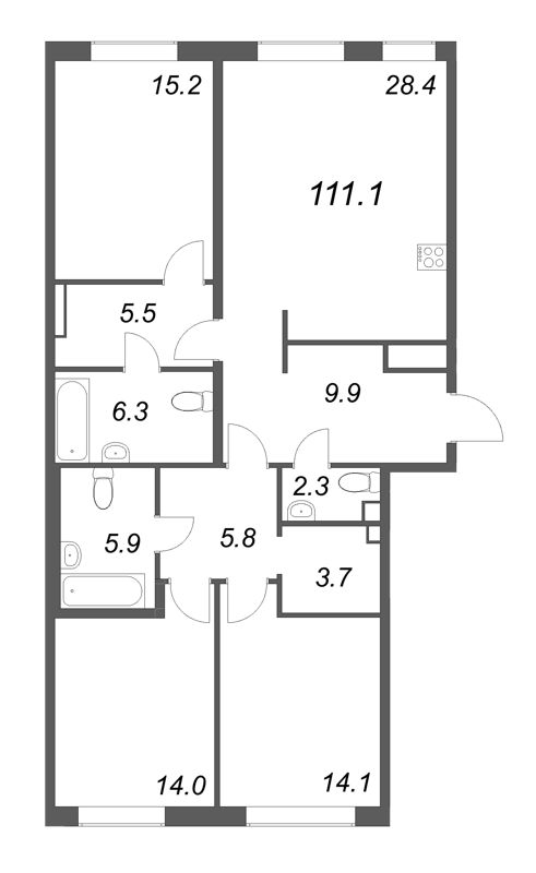 4-комнатная (Евро) квартира, 111.1 м² в ЖК "Визионер" - планировка, фото №1