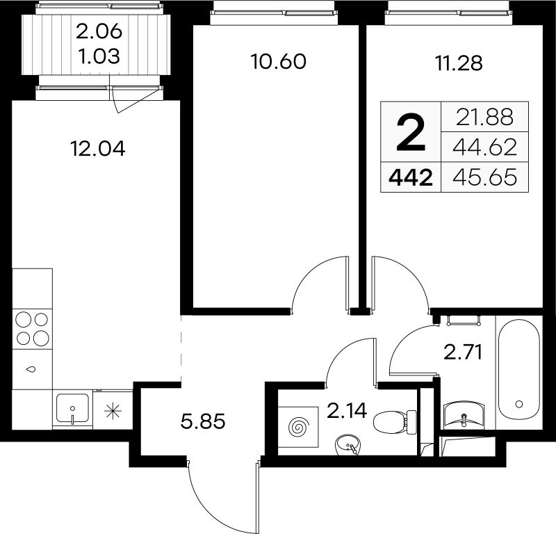 2-комнатная квартира, 45.65 м² - планировка, фото №1