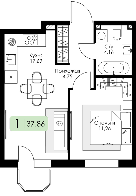 2-комнатная (Евро) квартира, 37.86 м² в ЖК "Всевгород" - планировка, фото №1