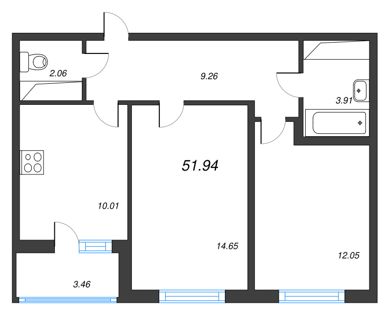 2-комнатная квартира, 51.94 м² в ЖК "Ясно.Янино" - планировка, фото №1