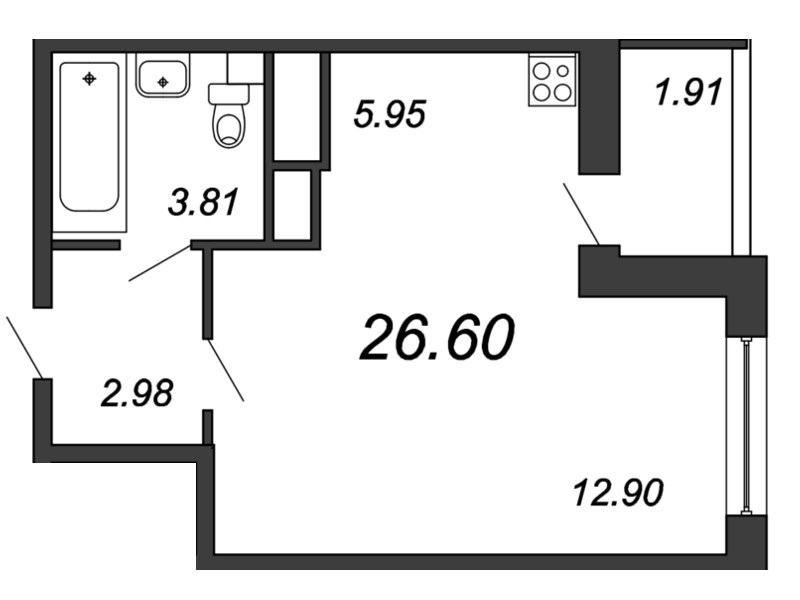 Квартира-студия, 26.6 м² - планировка, фото №1
