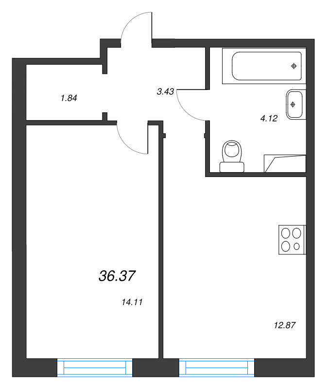 1-комнатная квартира, 36.37 м² в ЖК "Окла" - планировка, фото №1