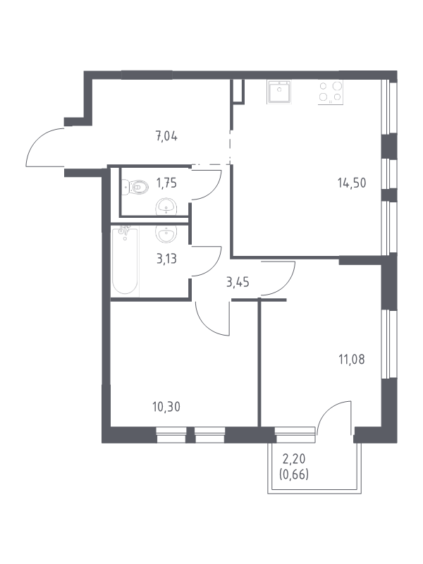 2-комнатная квартира, 51.91 м² в ЖК "Невская Долина" - планировка, фото №1