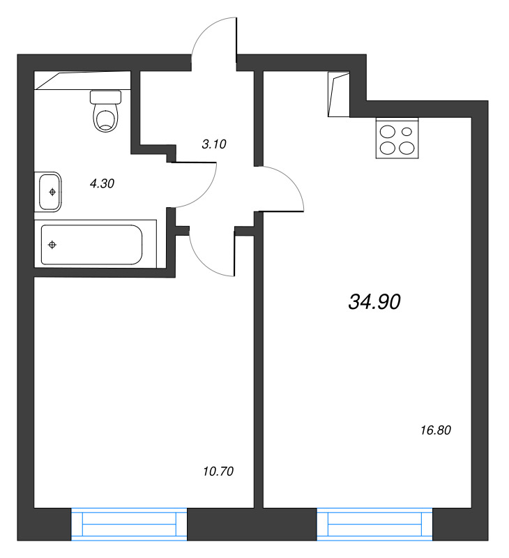 2-комнатная (Евро) квартира, 34.9 м² в ЖК "Большая Охта" - планировка, фото №1