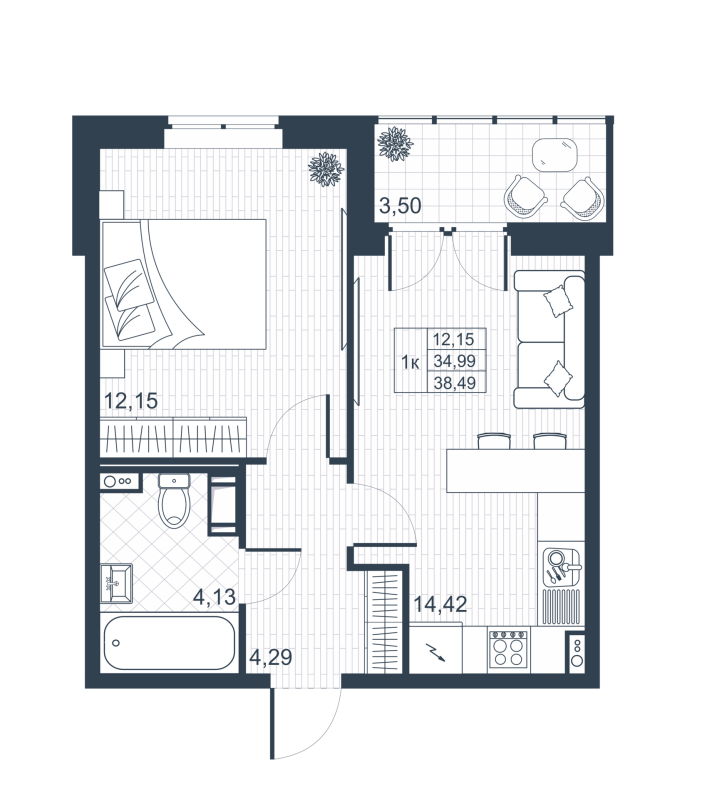 1-комнатная квартира, 34.7 м² в ЖК "Ново-Антропшино" - планировка, фото №1