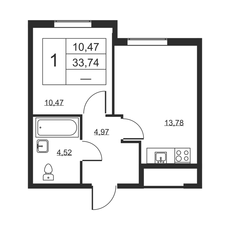1-комнатная квартира, 33.74 м² в ЖК "Высота" - планировка, фото №1