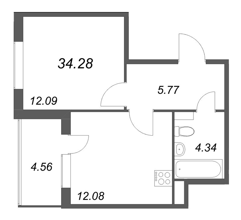 1-комнатная квартира, 34.28 м² в ЖК "ЮгТаун" - планировка, фото №1