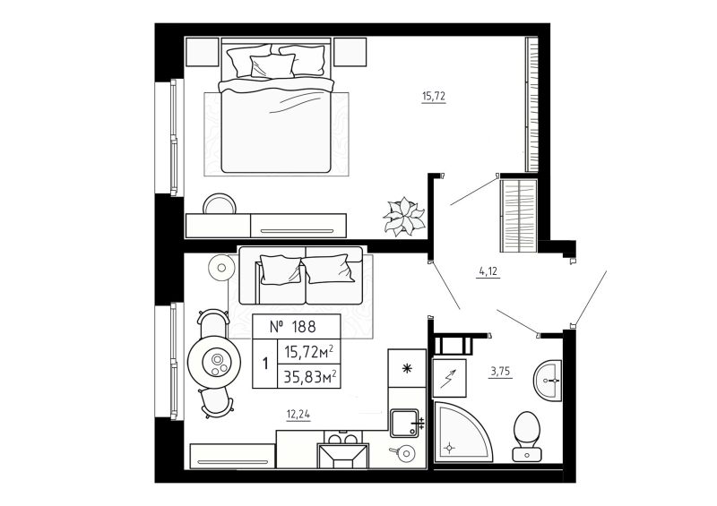 1-комнатная квартира, 35.83 м² в ЖК "Аннино Сити" - планировка, фото №1