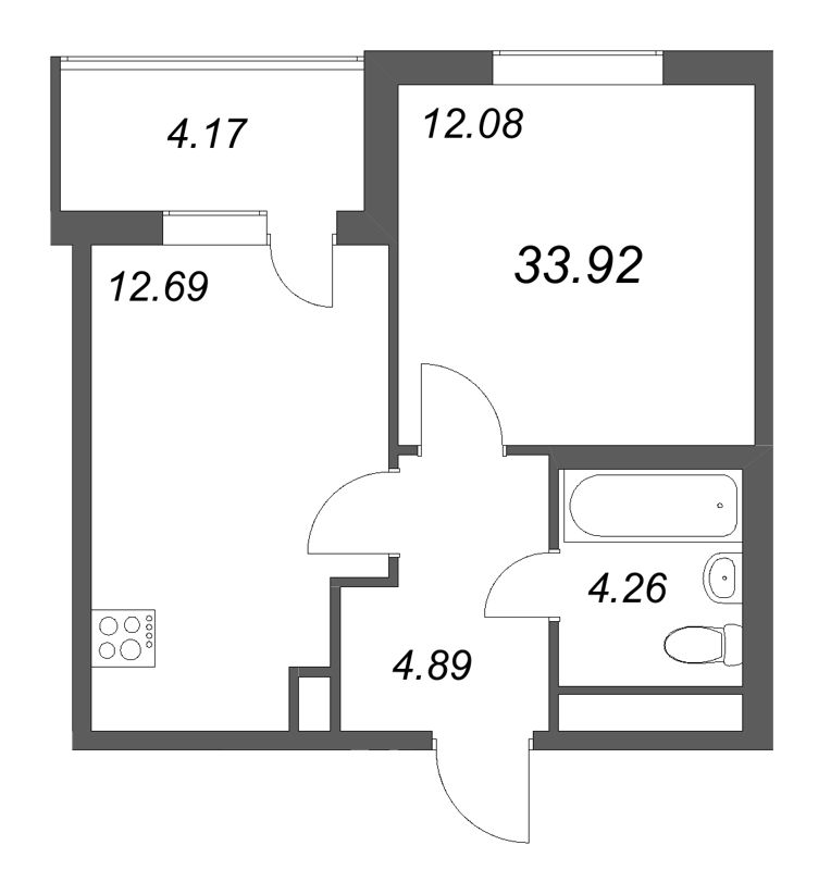 1-комнатная квартира, 33.92 м² в ЖК "ЮгТаун" - планировка, фото №1