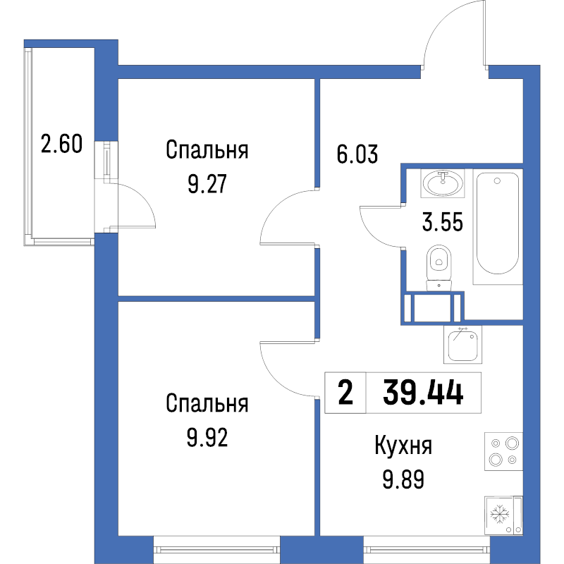 2-комнатная квартира, 39.44 м² в ЖК "Урбанист" - планировка, фото №1