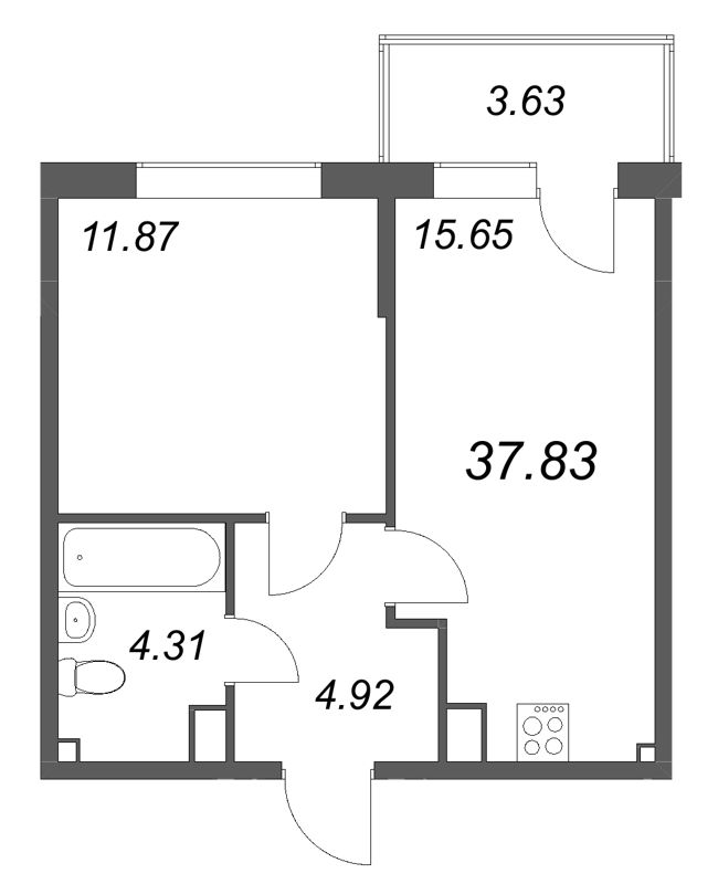2-комнатная (Евро) квартира, 37.83 м² в ЖК "Охтинские высоты" - планировка, фото №1