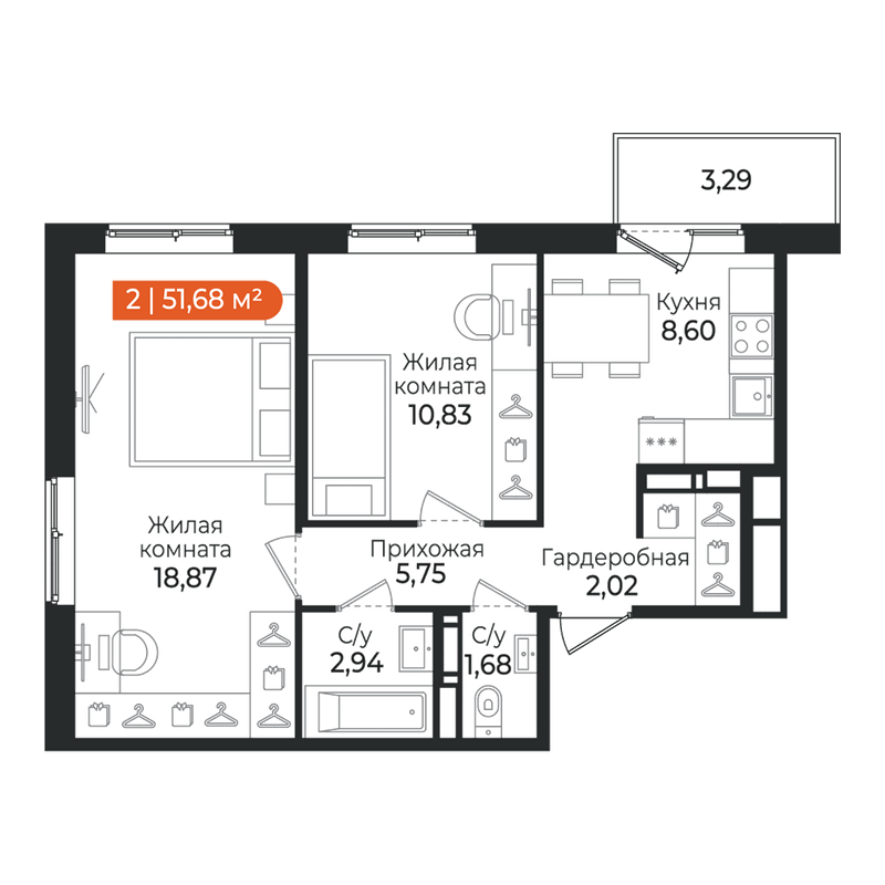 2-комнатная квартира, 51.68 м² в ЖК "Алгоритм Квинта" - планировка, фото №1
