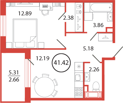 1-комнатная квартира, 41.42 м² - планировка, фото №1