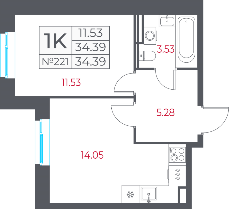 1-комнатная квартира, 34.39 м² в ЖК "Город-спутник Южный" - планировка, фото №1