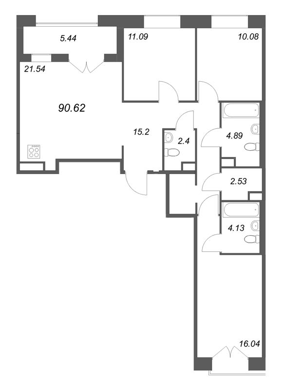 4-комнатная (Евро) квартира, 90.62 м² в ЖК "Ranta Residence" - планировка, фото №1