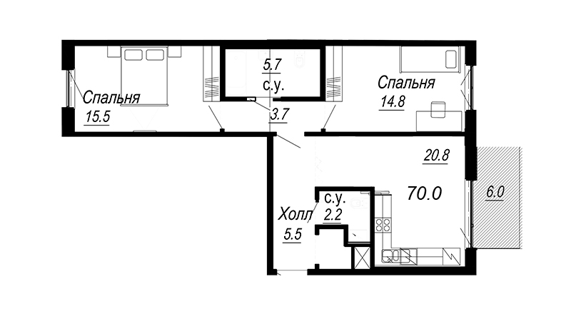 3-комнатная (Евро) квартира, 70 м² - планировка, фото №1