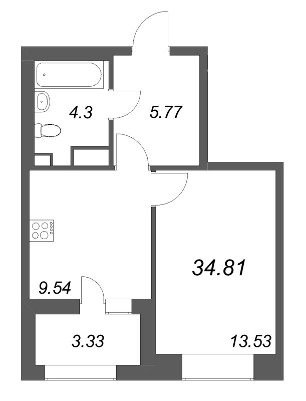 1-комнатная квартира, 34.81 м² в ЖК "Аквилон Солар" - планировка, фото №1