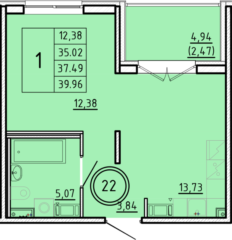 1-комнатная квартира, 35.02 м² в ЖК "Образцовый квартал 16" - планировка, фото №1