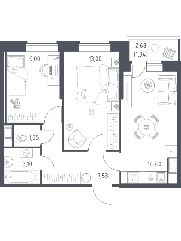 2-комнатная квартира, 49.72 м² в ЖК "Живи! В Рыбацком" - планировка, фото №1