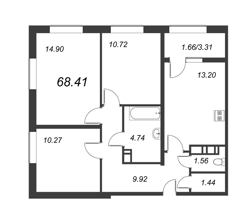 3-комнатная квартира, 68.7 м² - планировка, фото №1
