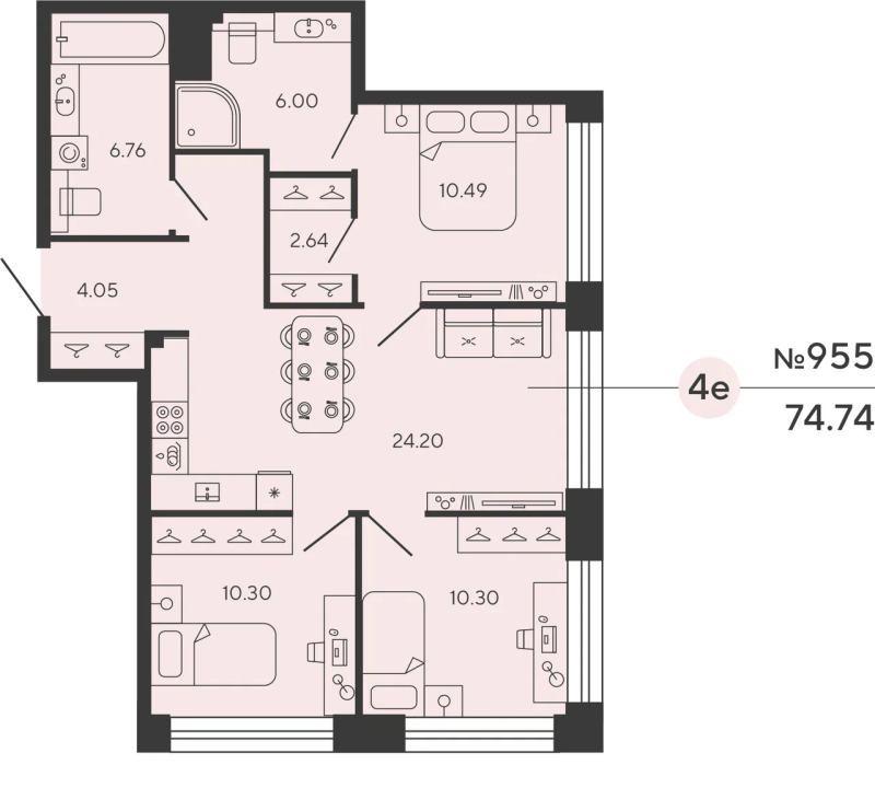 4-комнатная (Евро) квартира, 74.74 м² - планировка, фото №1