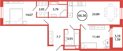 3-комнатная (Евро) квартира, 66.36 м² в ЖК "Энфилд" - планировка, фото №1